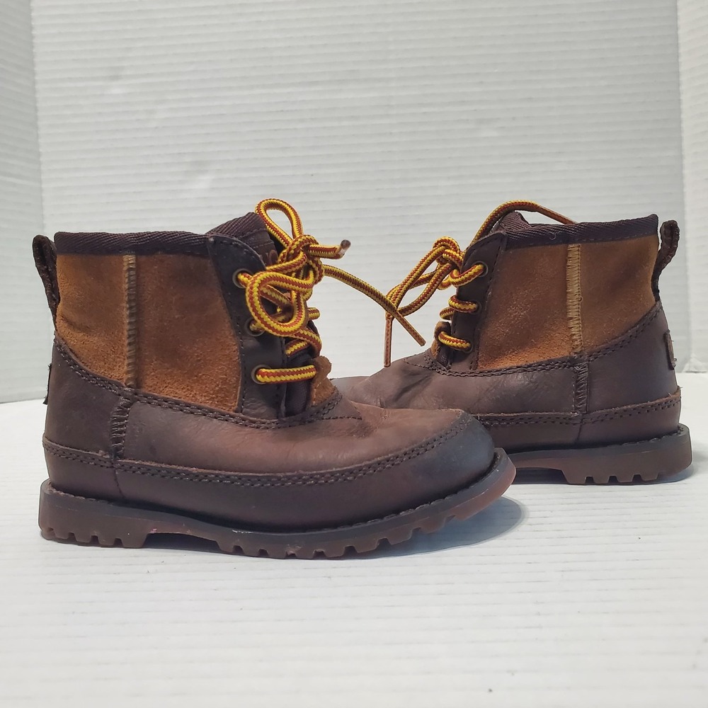 UGG T'Bradley Brown Leather Suede Lace Up Zip Side Ankle Boots Kids Boys US 7